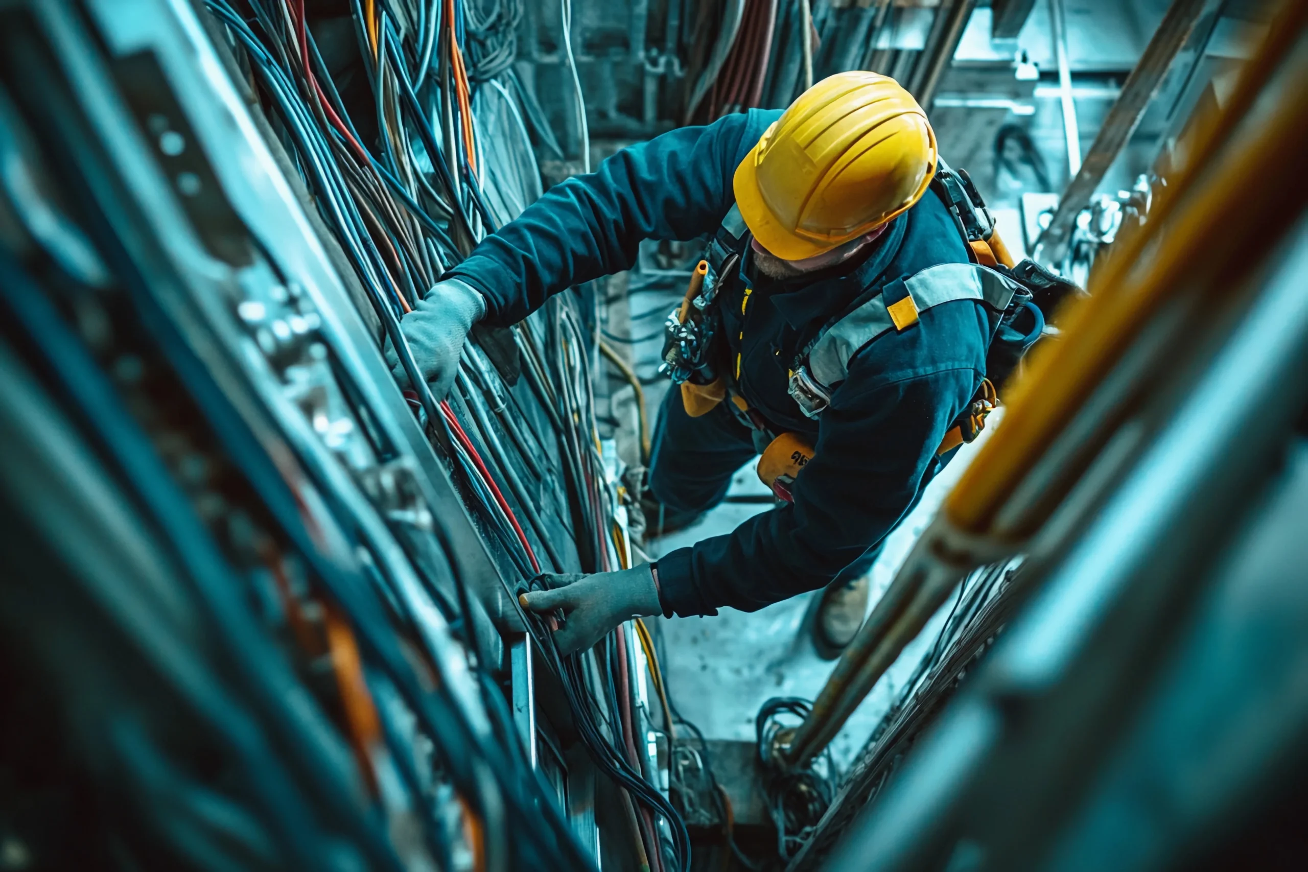 electrician repairs complex wiring systems inside a commercial building electrician repairs complex wiring systems inside a commercial building